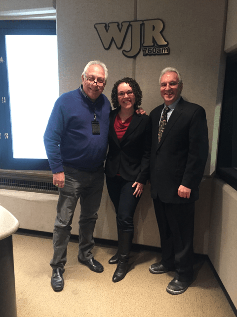 RX for Reading Executive Director Mary-Catherine Harrison with Paul W. Smith and Stephen Luigi Piazza, hosts of Opportunity Detroit on WJR.