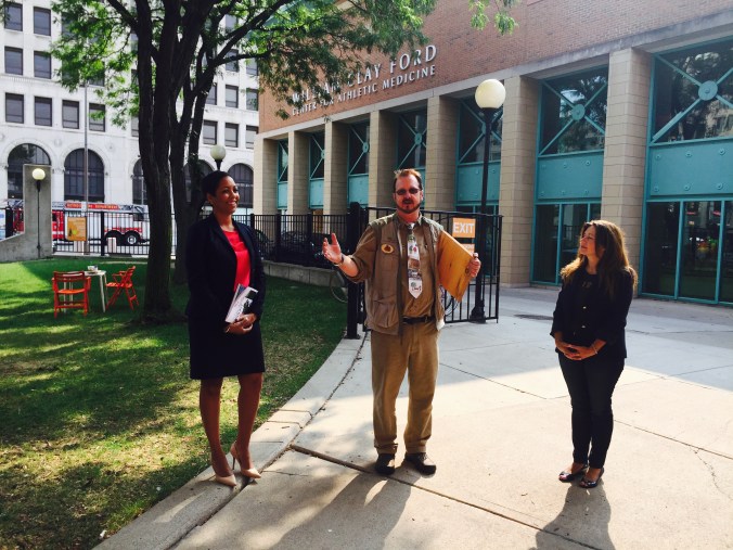Aliyah Sabree of the Mayor's Office, Todd Bol or Little Free Libraries, and Kim Kozlowski of Detroit Little Libraries.