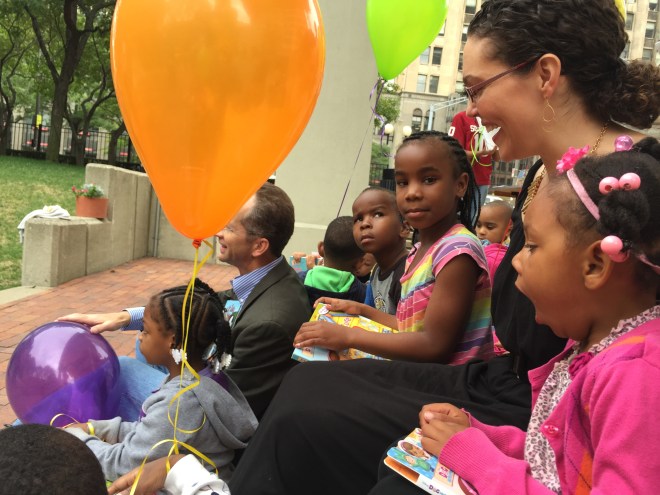 RX for Reading Director Mary-Catherine Harrison chats with some of the kids.