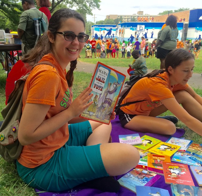 Meet Mary Grahame Hunter--She said the highlight of her day was when a little girl chose "Mama Went to Jail for the Vote" (pictured here).  When she asked the little girl if she was sure she answered emphatically, "Yes... I'm positive proudly".  Mary also loved giving a little boy a book on Willy Mays because he said he loved baseball.  His grin stretched from ear to ear.